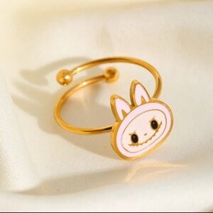18K Gold Plated Light Pink Enamel Labubu Theme Ring No Fade Zimomo The Monsters